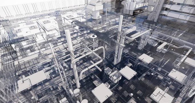 Roof top view visualization of a BIM model of utilites of building with transparent walls	