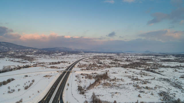 Aerial view of winter sunset on main motorway in Croatia