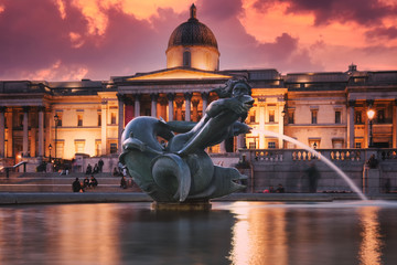 Trafalgar Square in London at sunset