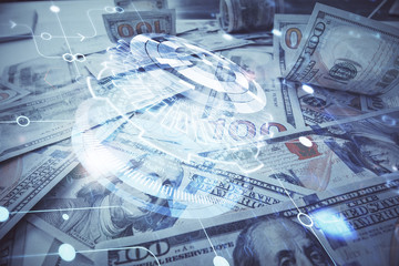 Double exposure of data theme drawing over us dollars bill background. Technology concept.