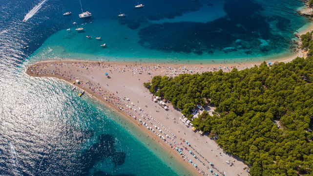 Aerial view of Zlatni Rat near Bol on Brac island in Dalmatia, Croatia.