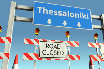 Road barriers at Thessaloniki city traffic sign. Quarantine or lockdown in Greece conceptual 3D rendering