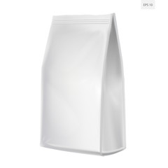 Foil Paper Food Bag Package Of Coffee, Salt, Sugar, Pepper, Spices Or Flour, Folded, Grayscale. On White Background Isolated. Mock Up Template Ready For Your Design. Product Packing Vector EPS10