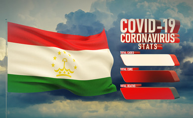 COVID-19 Coronavirus 2019-nCov Statistics Update - table letter typography copy space concept with flag of Tajikistan. 3D illustration.
