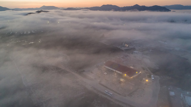 Aerial view of forggy mornin in Ploce, Dalmatia, Croatia.