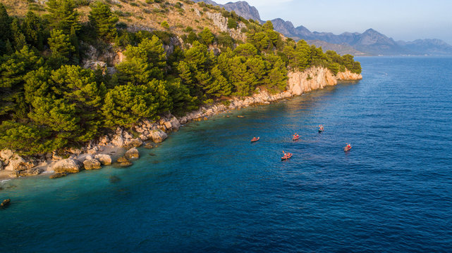 Aerial view of kayaking on Adriatic coast near Makarska, Dalmatia, Croatia.