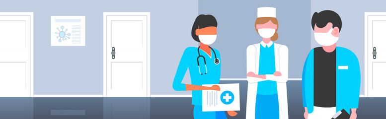 doctors team discussing during meeting in medical face masks to prevent coronavirus covid-19 disease health care safety prevention concept hospital corridor interior portrait horizontal vector
