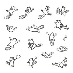 Cute kawaii animals linear set. Character in motion process playing out different situations. Funny beaver, flying squirrel or cat logo design template in minimalistic style. Modern care and education