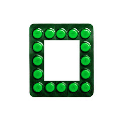 Medicine and education. Latin letter "O" laid out from tablets on a white isolated background. Square frame