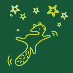 Cute kawaii animal character is flying to the stars. Funny beaver or cat logo design template. Dark green background. Animal linear preschool illustration in trendy minimalistic style. Baby shower