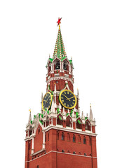 Russia, the Red Square. The famous Spasskaya tower of Moscow Kremlin. Spasskaya tower on an isolated white background. Ancient Kremlin is the main landmark of Moscow. 