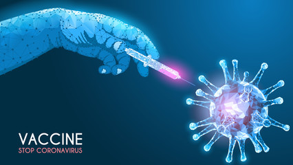 The vaccine against the epidemic. Virus. Coronavirus pandemic. Abstract polygonal image on a on dark blue background. The human hand makes an anti-virus vaccine. Immunity and health. Vector..