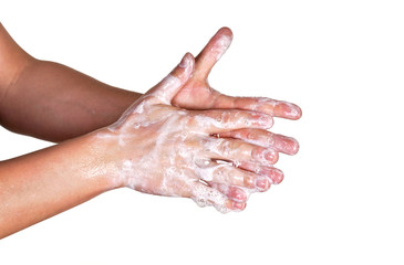 Young man wash hands with soap, closeup detail on soap bubbles, isolated on white. Can be used during coronavirus covid-19 outbreak prevention