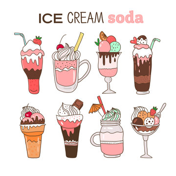 Ice cream soda illustration. Cute cartoon hand drawn food. Vector image.
