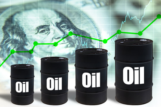 Crude petroleum. Barrels with the words oil. Symbols of increasing the cost of hydrocarbons. Concept - stocks of oil companies are growing. Franklin portrait as a symbol of value. Crude oil futures.