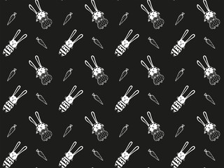 Seamless pattern of kids boys and girls rabbits in striped overalls and dresses with polka dots and carrots. Scandinavian style. White outlines on a black background. Cute trendy unisex design. Vector