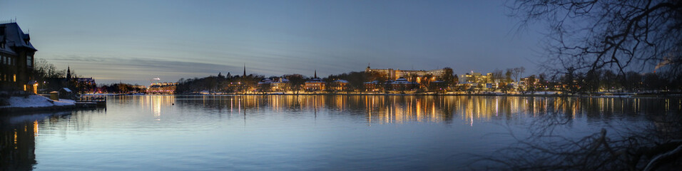 Fototapeta na wymiar Panoramic view over Djurgardsbrunnsviken to Diplomatstaden in Stockholm