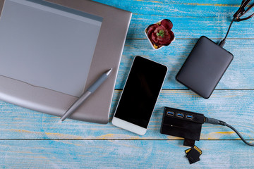 Workspace professional office creative graphic designer desk with external HDD