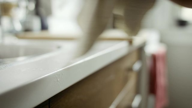 Counter top sanitization. Covid-19 softy and protection. Shot on RED in 4k.