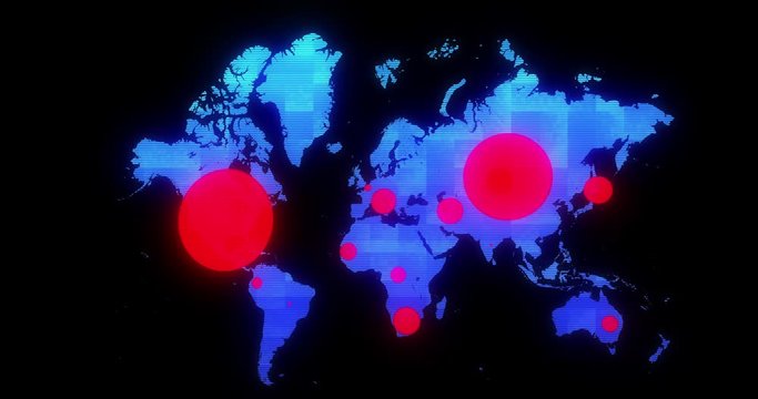 Digital map of Coronavirus COVID-19 SARS-COV-2 spreading outbreak. Pandemic world map, spread of coronavirus cases around the world with popping circles on a map. Distribution of world COVID-19 cases 