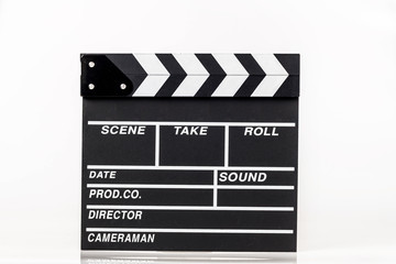 Fototapeta na wymiar movie clappers open and close isolated on white background. Shown slate board.Realistic movie clapperboard. Clapper board isolated with clipping path included. image for object and illustration