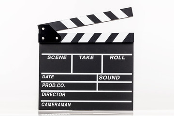Fototapeta premium movie clappers open and close isolated on white background. Shown slate board.Realistic movie clapperboard. Clapper board isolated with clipping path included. image for object and illustration