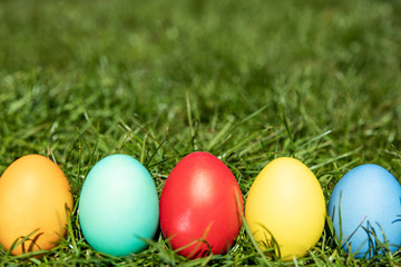 Multi-colored Easter eggs on the grass, the background is blurred, shallow depth of field, selective focus. Easter holiday concept