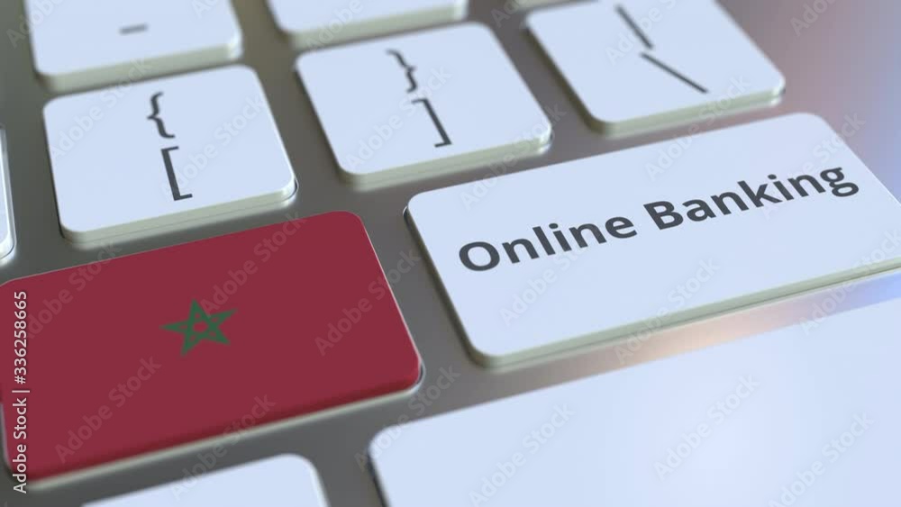 Poster online banking text and flag of morocco on the keyboard. internet finance related conceptual 3d anim