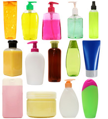 Hygiene Sanitizer colored plastic bottles with liquid soap and shower gel isolated on white background . Studio shooting. Set.