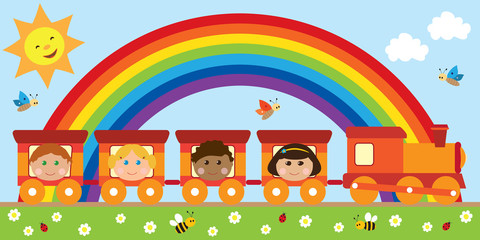 Kids being happy in the train on nature with smiley sun, a rainbow, bees and cute butterflies. 