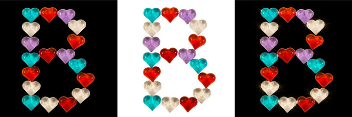 Isolated Font English or Latin or Russian letter B made of colorful glass hearts with sparkles on...