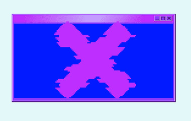 Pixelated and glitched cross on white background. Concept art of computer virus or malware.