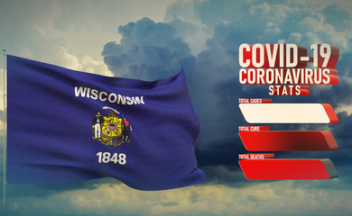 COVID-19 Coronavirus 2019-nCov Statistics Update - table letter typography copy space concept with flag of the states of USA. State of Wisconsin flag Pandemic 3D illustration.