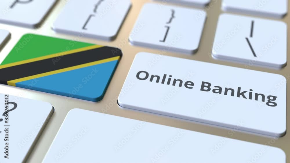 Poster online banking text and flag of tanzania on the keyboard. internet finance related conceptual 3d ani