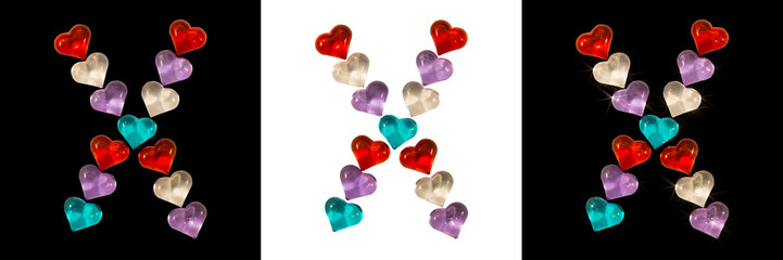 Isolated Font English or Latin or Russian letter X made of colorful glass hearts with sparkles on white and black backgrounds