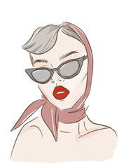 Fashion portrait of a beautiful brunette woman with shot hairstyle with red lips in sunglasses - illustration sketch