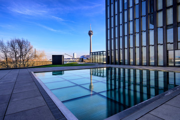 reflection dusseldorf tv tower on Hyatt  regency hotel, tv tower Dusseldorf , Rheinturm