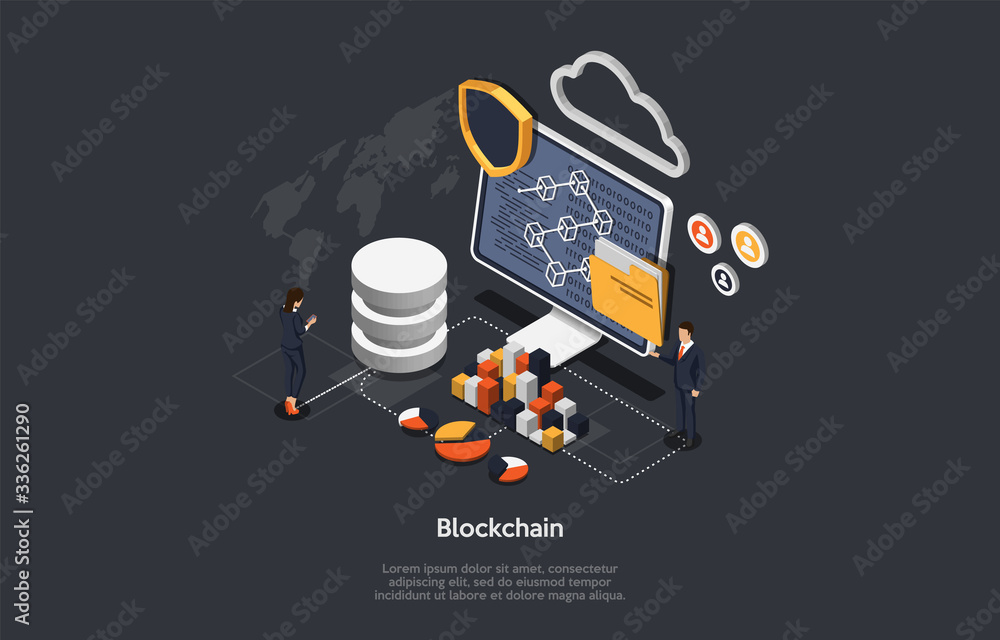 Poster isometric blockchain, teamwork and cryptocurrency concept. isometric digital blocks connection with 