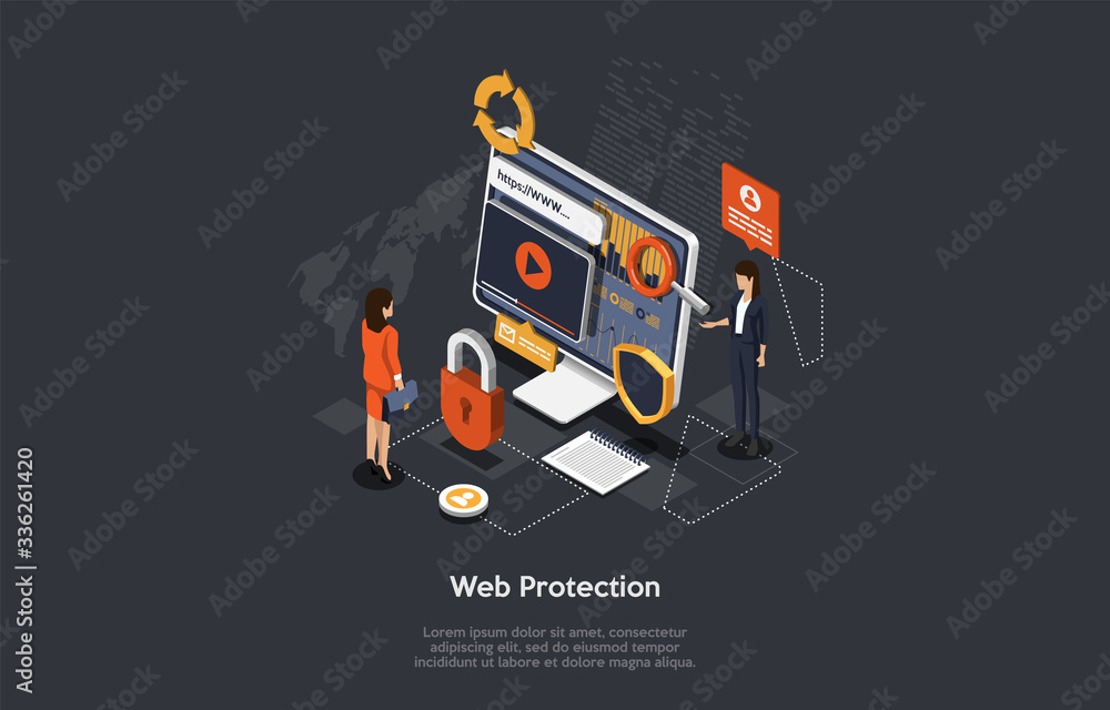 Poster isometric web protection concept. protection network security and data safe concept with business pe
