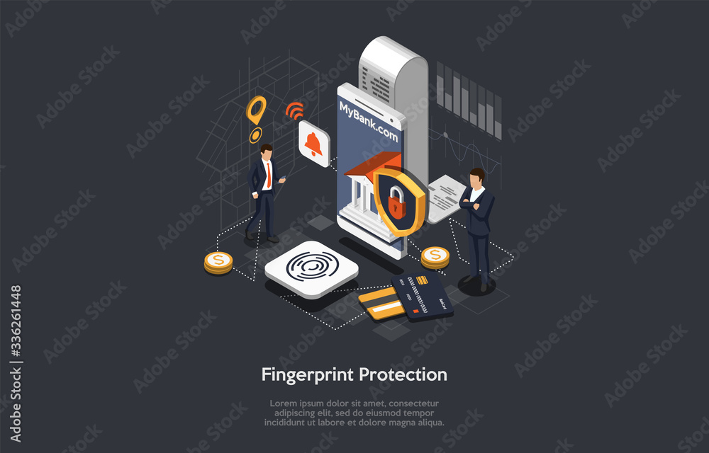 Poster isometric fingerprint authentication protection concept. password, login authorization fingerprint a
