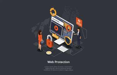 Isometric Web Protection Concept. Protection Network Security And Data Safe Concept With Business People. Web Page Design Templates Cybersecurity. Prevention Of Digital Crime. 3D Vector illustration