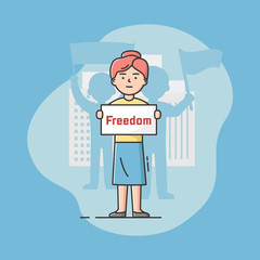 Mass Protest Action Concept. Dissatisfied Young Woman Is Complaining And Taking Part In Strike. Girl Holding Protest Banner With Freedom Sign. Cartoon Linear Outline Flat Style. Vector Illustration