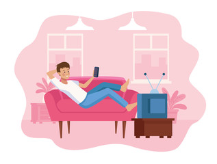 man in sofa using smartphone scene