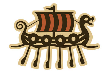 Vector drawing of a viking long ship with a dragon head and shield. Can represent the Norse culture, a maritime raid, barbarians, Scandinavia, mythology, ancient times, the Middle Ages, etc.