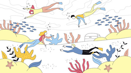 Concept Of Scuba Dive. Underwater Scuba Divers Men and Women Diving in Sea. People Swimming in Ocean in a Wetsuit and Exploring Sea Bottom. Cartoon Linear Outline Flat Style. Vector Illustration