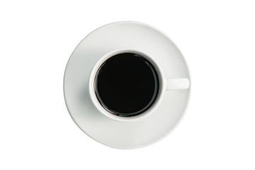 White cup of black coffee top view isolated on white with clipping path.