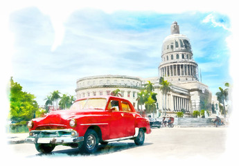 Fototapeta na wymiar Digital watercolor of a red classic car passing by the Capitolio building in Old Havana, Cuba
