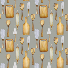 Hand drawn Wooden Kitchen tools seamless pattern. Accessories for baking watercolor fabric texture illustration. Cooking time poster, banner concept. Spoon, spatula, fork, rolling pin, knife, board.