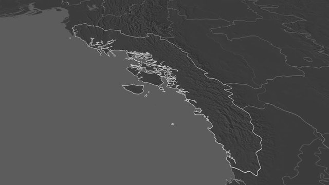 Rakhine, state with its capital, zoomed and extruded on the bilevel map of Myanmar in the conformal Stereographic projection. Animation 3D
