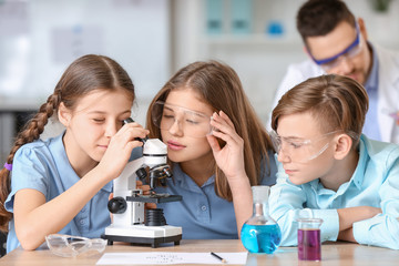 Pupils at chemistry lesson in classroom